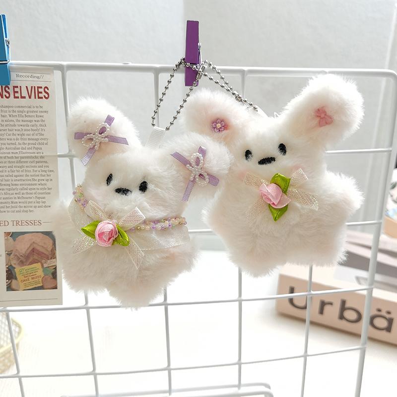 Cartoon Plush Bow Dog Keychain Plush Rabbit Car Keyring Doll Cartoon Bag Pendant Charm Decor Accessories Toy Kids Birthday Gift