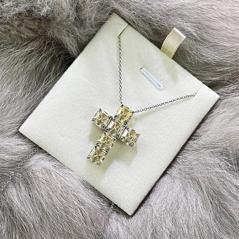 100% стерлингового серебра 925 пробы 7*7 мм желтый крест высокоуглеродистый бриллиант кулон ожерелье для женщин сверкающие вечерние ювелирные украшения