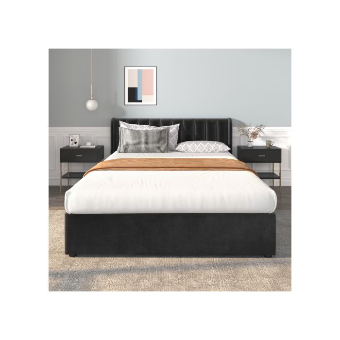 Lit 140x200 cm - MUVOE - Velours Noir - Tiroirs de rangement - Sommier à lattes - 2 places