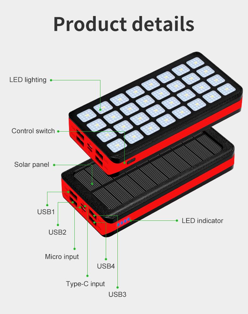 Внешний Power Bank на солнечной энергии 30000 мАч с фонарем для кемпинга, 4 USB, двойной вход.