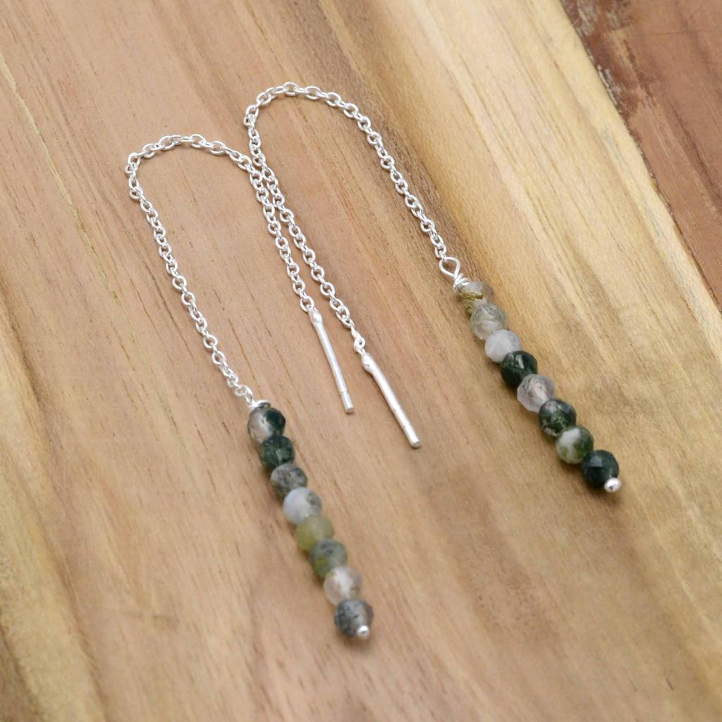 Moss Agate 925 Silver Threader Earrings, Natural Gemstone Women Handmade Fringe Earrings