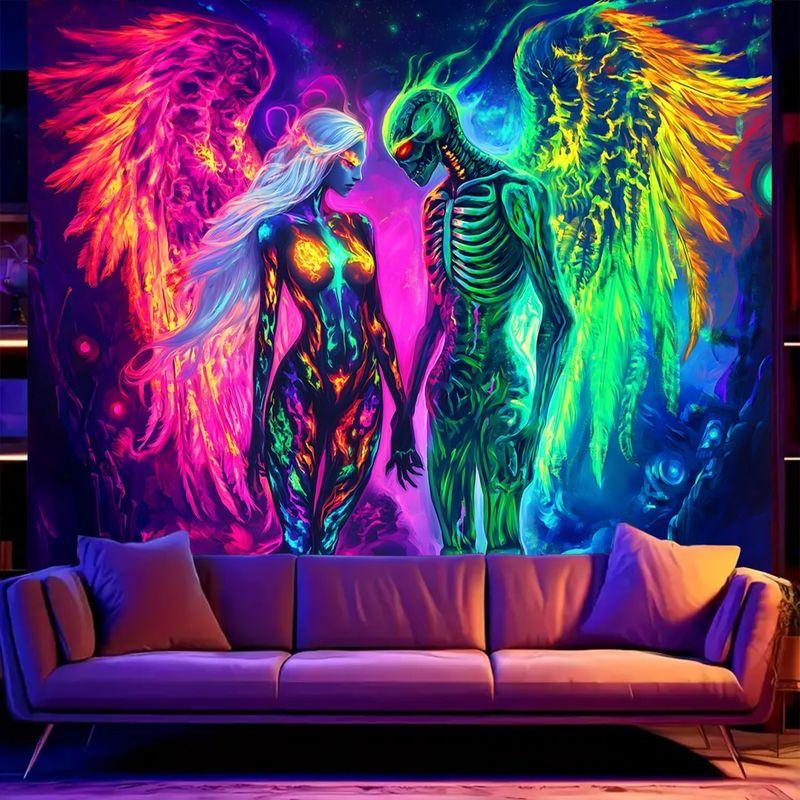 Psychedelic Wing Skeleton Lady Wall Tapestry Trippy Neon Rainbow Hippie Art Dark Teen Room Hanging Cloth Decor