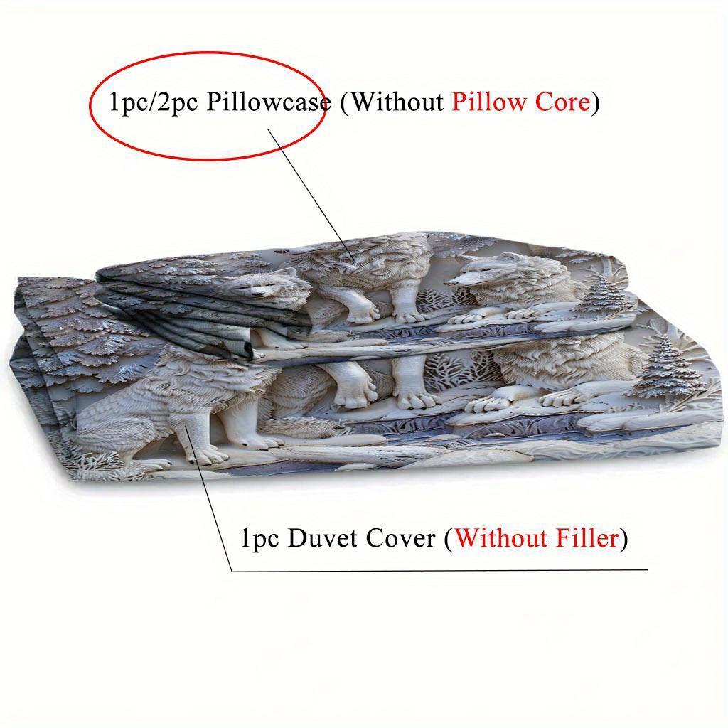 Комплект пододеяльника с 3D-принтом белого волка и леса (1 Пододеяльник + 2 Наволочки Без Вставки) Всесезонное полиэстеровое постельное белье