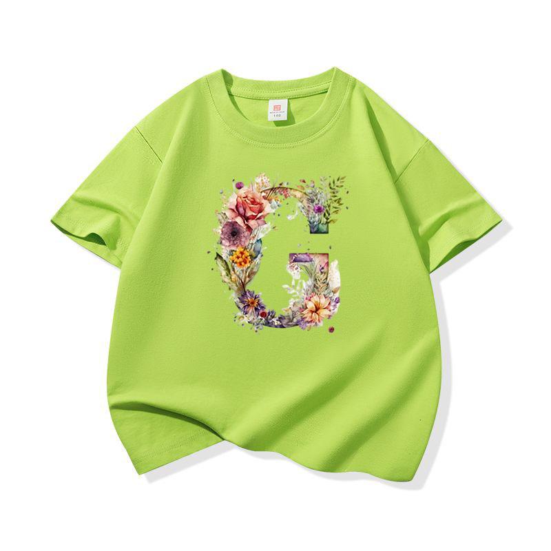 Kids Cotton T Shirt Floral Letter G Print Crew Neck Short Sleeve Tee Casual Boys Girls Summer Tops