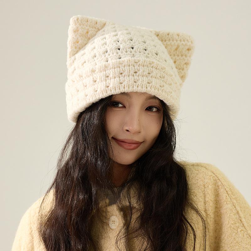 Шерстяная шапка с кошачьими ушками Осень Зима Большая голова Теплая Защита ушей Вязаная шапка