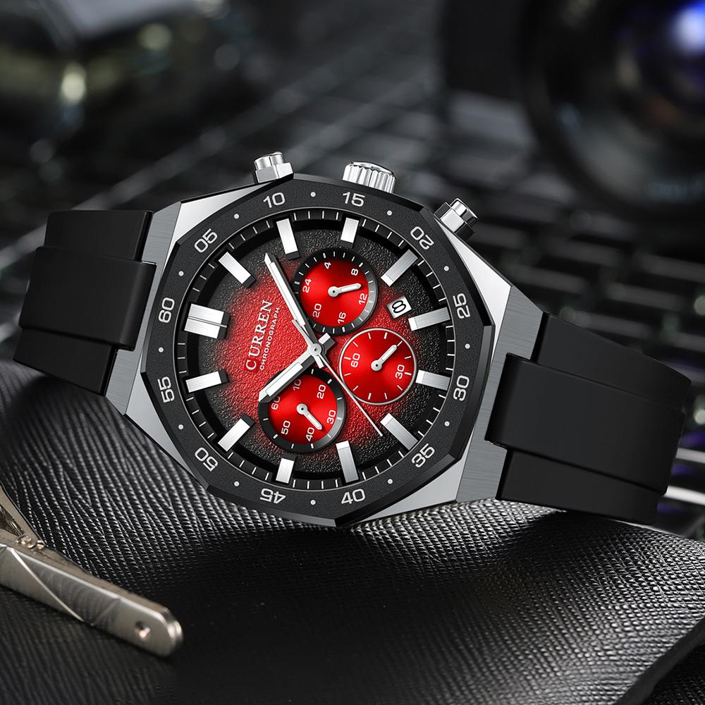 CURREN Мужские спортивные часы-хронограф с черным силиконовым ремешком, автоматической датой, люминесцентными стрелками, кварцевые часы для мужчин
