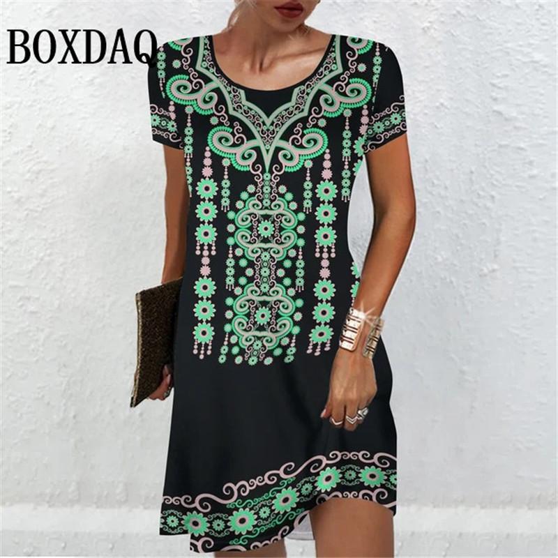 Женские платья с коротким рукавом, летняя женская одежда, винтажное модное платье трапециевидной формы с цветочным принтом, повседневные женские свободные платья больших размеров
