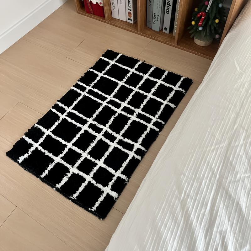 Black White Grid Soft Floor Mat Neutral Style Non Slip Absorbent Bathroom Bedroom Living Room Decor Rug