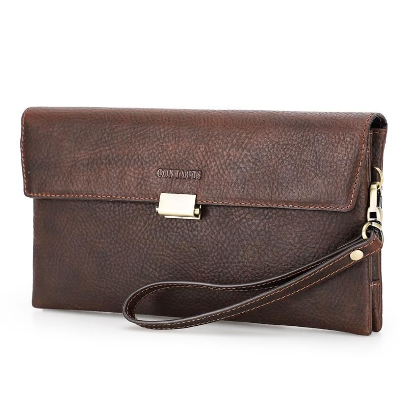 Mens Vintage Crazy Horse Leather Clutch Bag With Wrist Strap Handheld Purse Daily Use 8-inch Tablet Compatible