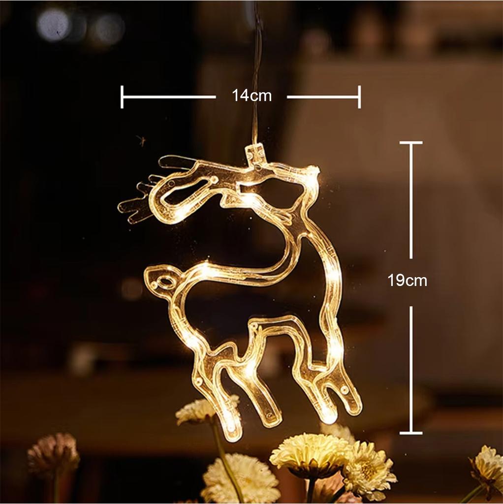 Светодиодные рождественские огни на окно, батарейки, теплый свет, на присосках, елка, Санта Клаус, снеговик, подарок, лось, луна, колокольчик