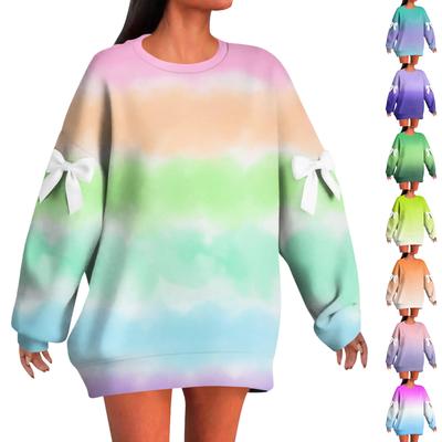 Женская толстовка с градиентным принтом, бантом, круглым вырезом, длинным рукавом, свободного кроя