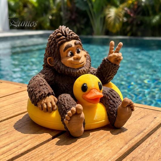 Small Collectible Ornament Sasquatch And Duck Figurine, on Swimming Ring Statue, Lifelike Resin Statue Funny Animal for Home Tabletop Shelf