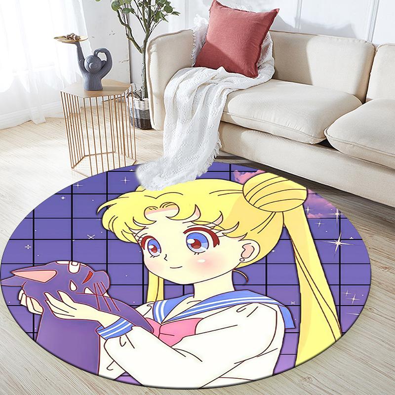 Sailor Moon Round Area Rug,Carpet Rug for Living Room Bedroom Sofa Playroom Decor,Non-slip Floor Mat