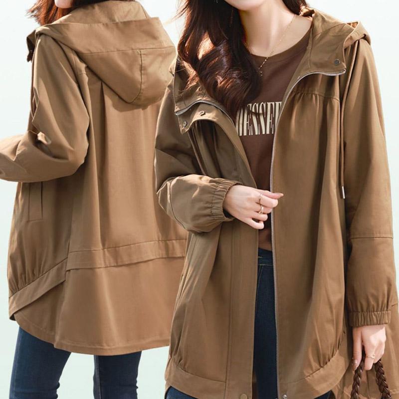 Ветровка с капюшоном, женская весенне-осенняя куртка большого размера, свободная повседневная универсальная куртка средней длины, женское пальто