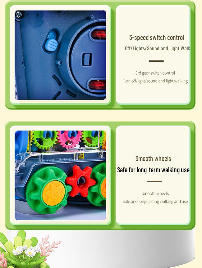 Transparent Musical Rotating Locomotive Toy with Universal Driving and Gear Linkage