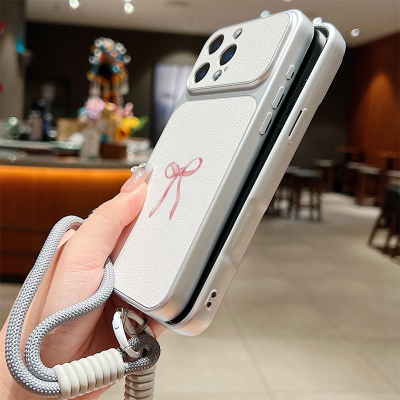 Кожаный чехол-шнурок с принтом розовых бантиков для iPhone 18 Pro Max Гибридный ТПУ+ПУ Противоскользящая мягкая крышка для iPhone 17 16 15 14 13 Pro Max