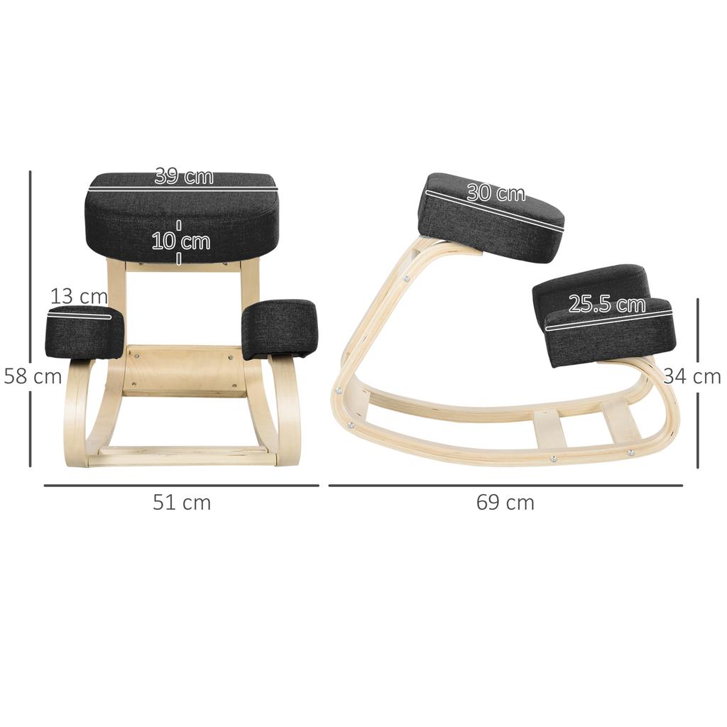 Ergonomic Birch Wood Kneeling Chair with Cushion. 51x69x58cm. Black