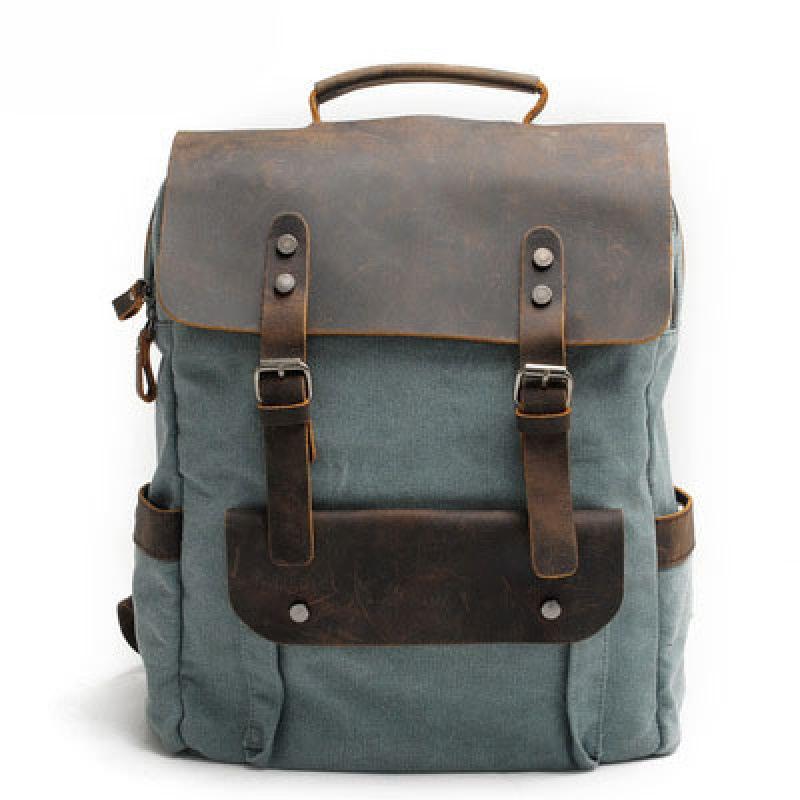 Vintage Canvas Backpack: Neutral College Style, Pure Cotton Canvas with Crazy Horse Leather Trim