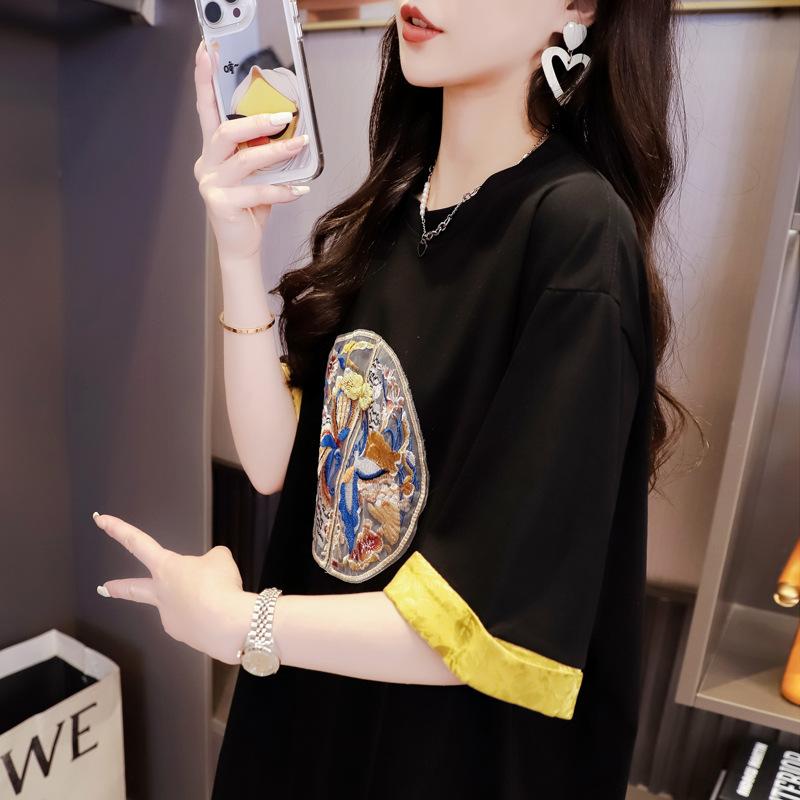 Летняя женская новая тонкая жаккардовая футболка с короткими рукавами и вышивкой в китайском национальном стиле