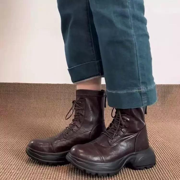 Cowhide version~ British style retro leather thick-soled Martin boots women's autumn and winter new lace-up heightening thin boots short boots