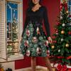 Women's Fashion Round Casual Slim Fit Christmas Print Large Swing Long Sleeve Dress