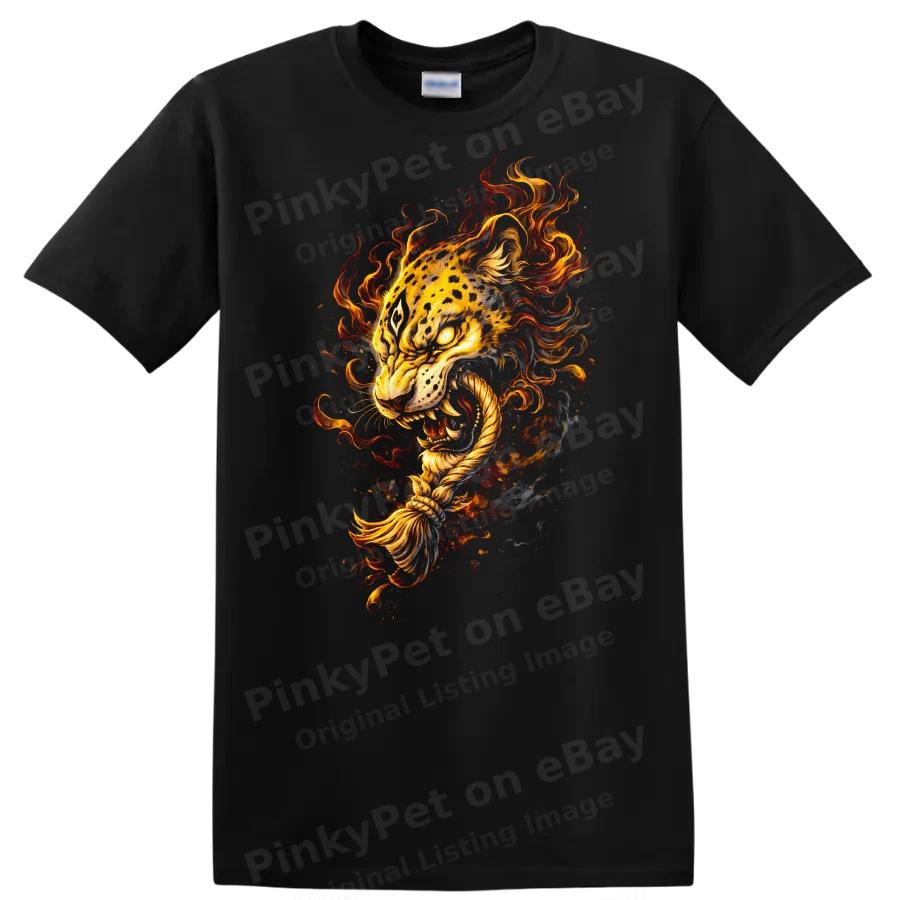 Tiger Head T Shirt with Flames Wild Animal Graphic Tee Art Design