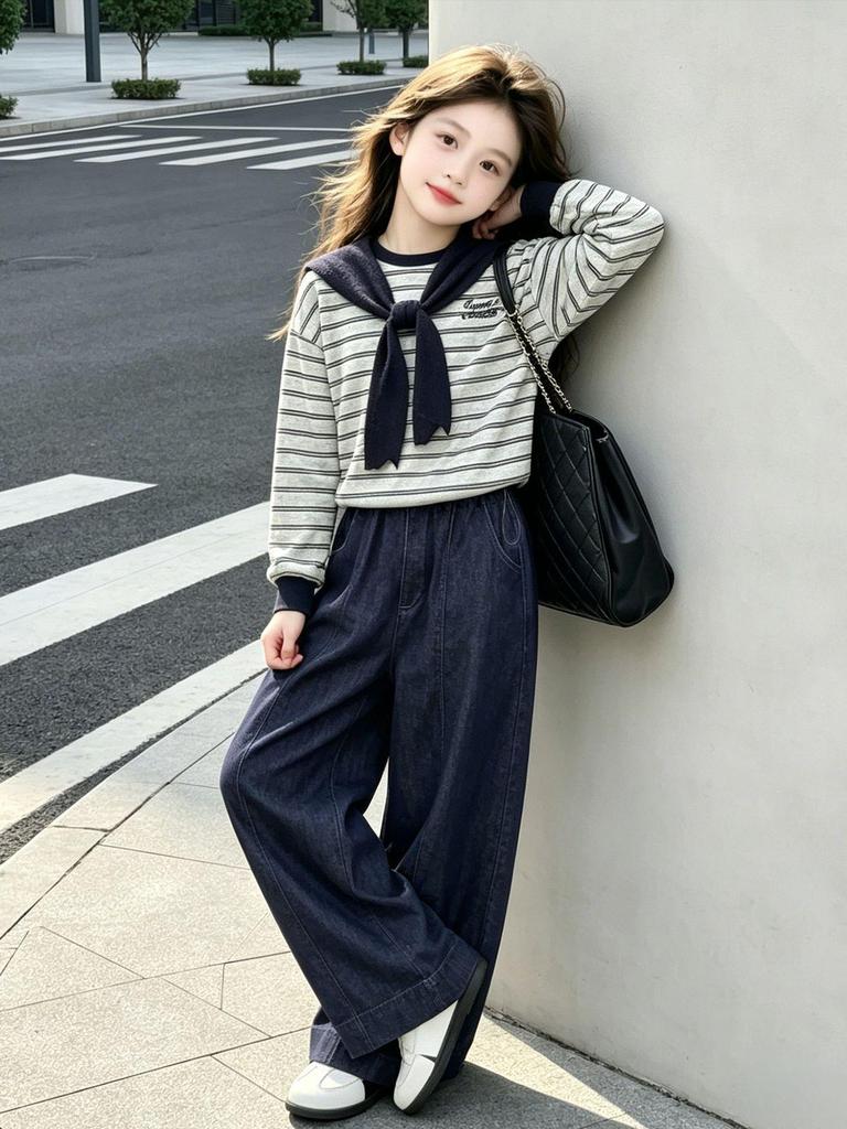 Girls' Striped Shawl Suit: Stylish Korean Spring/Autumn Two-Piece Set for Middle and Big Kids