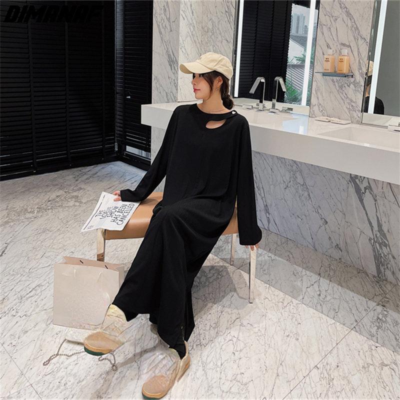 Dimanaf Женское 2022 новое осеннее платье в полоску больших размеров, элегантное длинное платье, свободное платье с круглым вырезом, черные платья макси