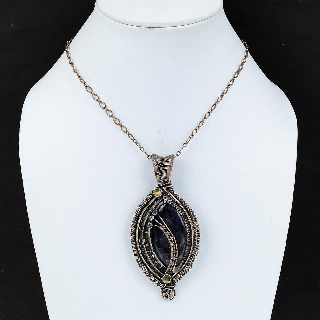 Подвеска из солнечного камня иолита, медная проволочная обертка, подвеска из настоящего драгоценного камня, антикварная медная бижутерия, подвеска ручной работы, проволочная обертка, ювелирные изделия для подарка