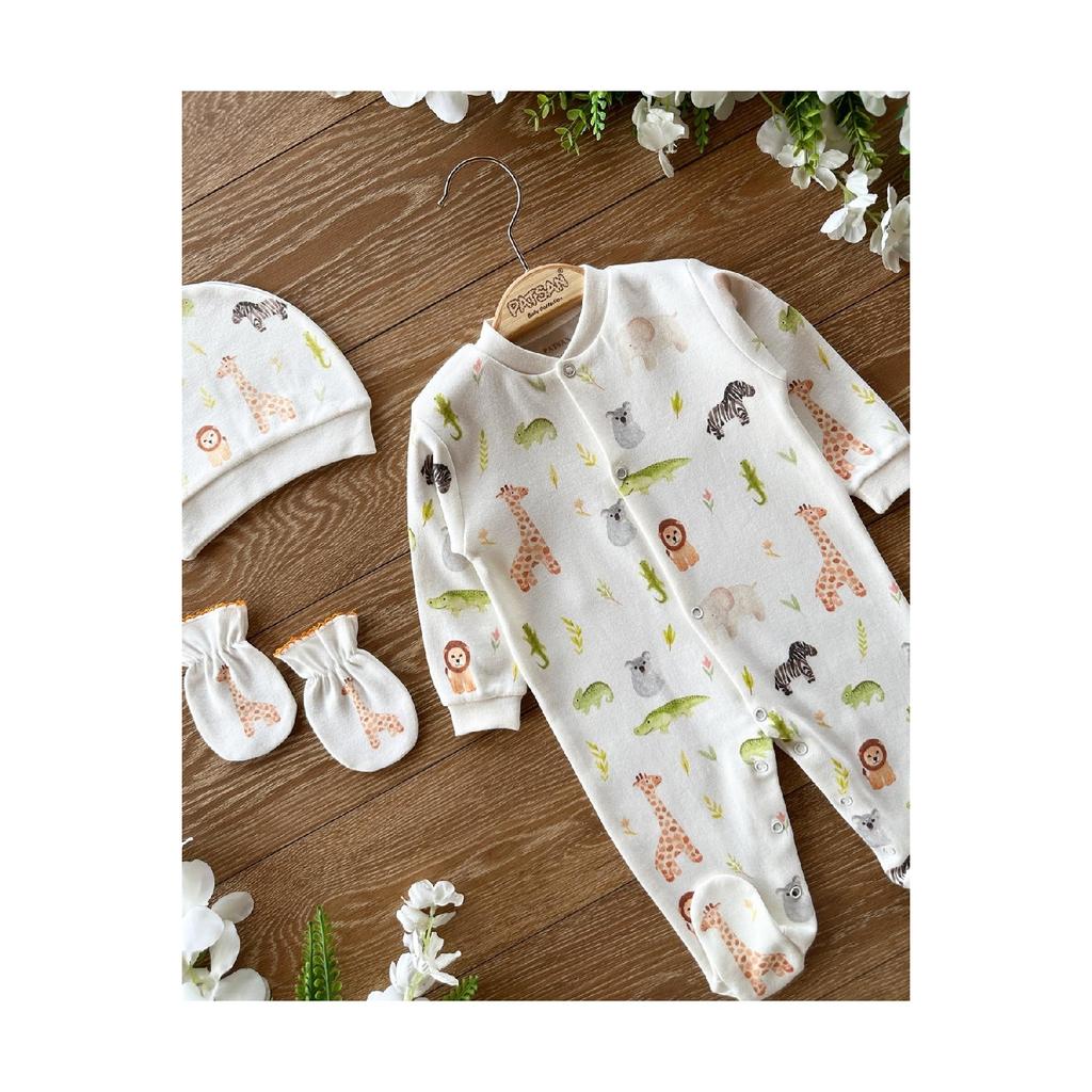 Комплект из трех предметов для новорожденных из органического хлопка с перчатками, шапкой и пинетками, детский комбинезон с животными
