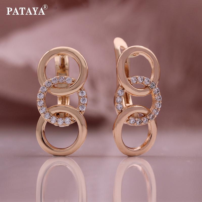 PATAYA 585 Rose Gold Color Round Geometric Inlay With Microwax White Artificial Zircon Earrings