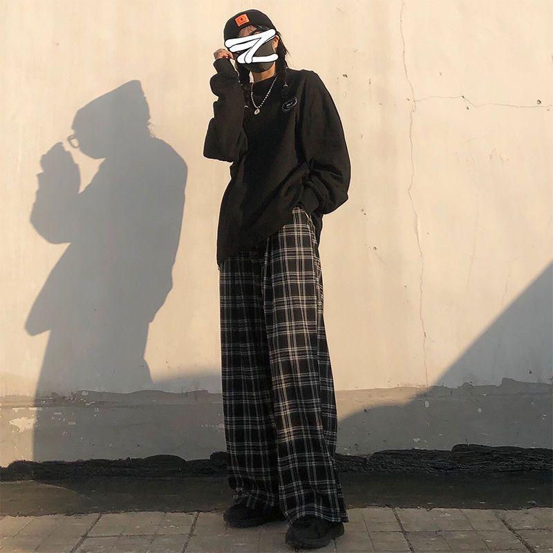 Женские спортивные штаны больших размеров, летние модные черные клетчатые повседневные брюки с эластичной резинкой на талии, повседневные студенческие брюки с карманами