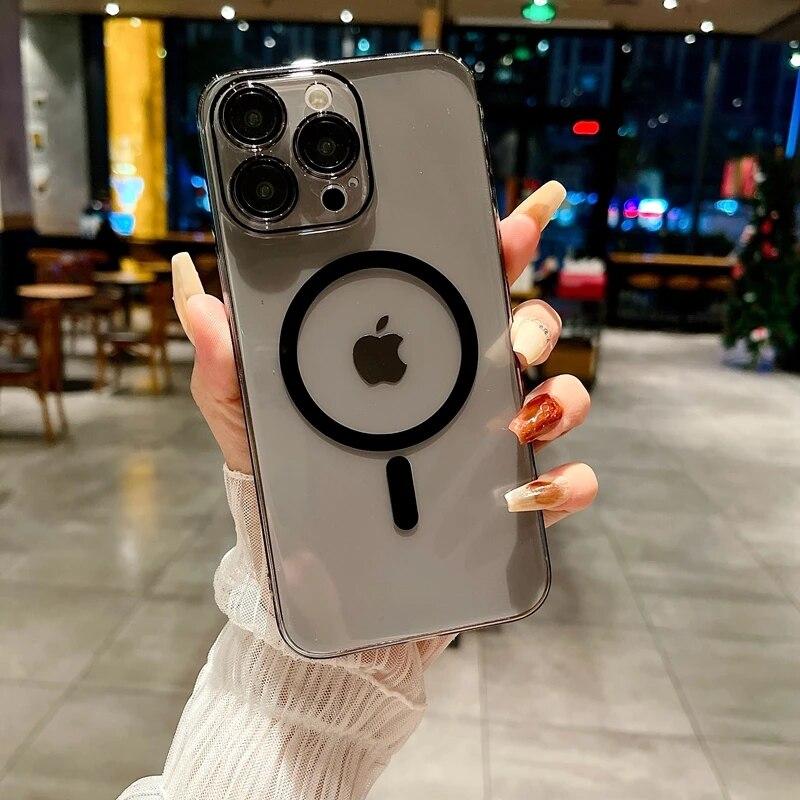 Роскошный прозрачный чехол Magsafe с беспроводной зарядкой для ПК для iPhone 11 12 13 14 15 Pro Max Plus, магнитный прозрачный чехол-бампер