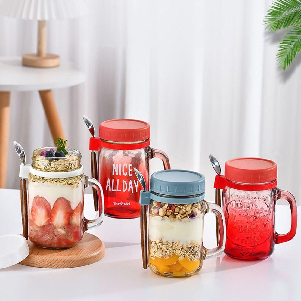 with Lids Spoons & Handle Yogurt Pot Glass Breakfast Jar Oats Container Overnight Oats Jars