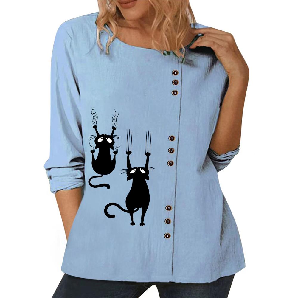 Женский модный хлопковый топ с множеством принтов, круглым вырезом и длинными рукавами