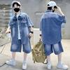 Мальчики Джинсовый Костюм Летний Детский Рубашка с Коротким Рукавом Шорты Спортивные Корейские Комплекты Спортивных Костюмов Детские