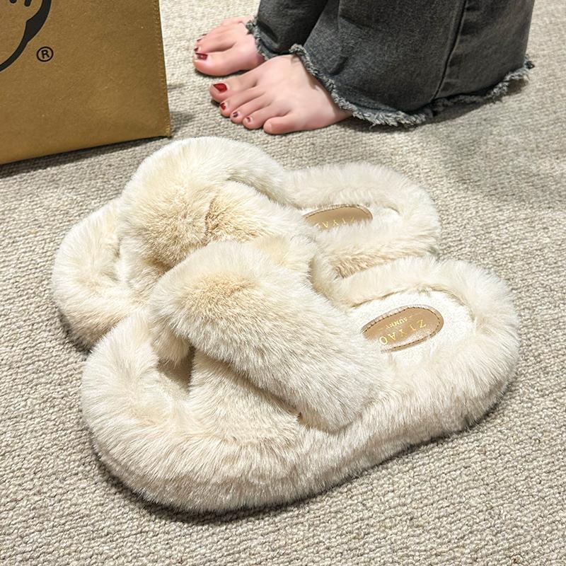 Fashion Fashion Cross Strap Fluffy Slippers for Women Winter Warm Faux Rabbit Fur Slides Woman Thick Sole Plush Indoor House Slippers