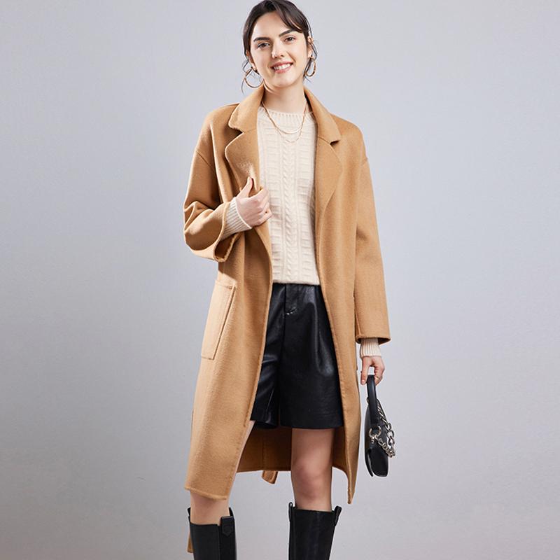 Женское длинное пальто из 100% шерсти, СОВРЕМЕННОЕ НОВОЕ Осеннее шерстяное пальто SAGA, зимнее теплое шерстяное пальто с поясом