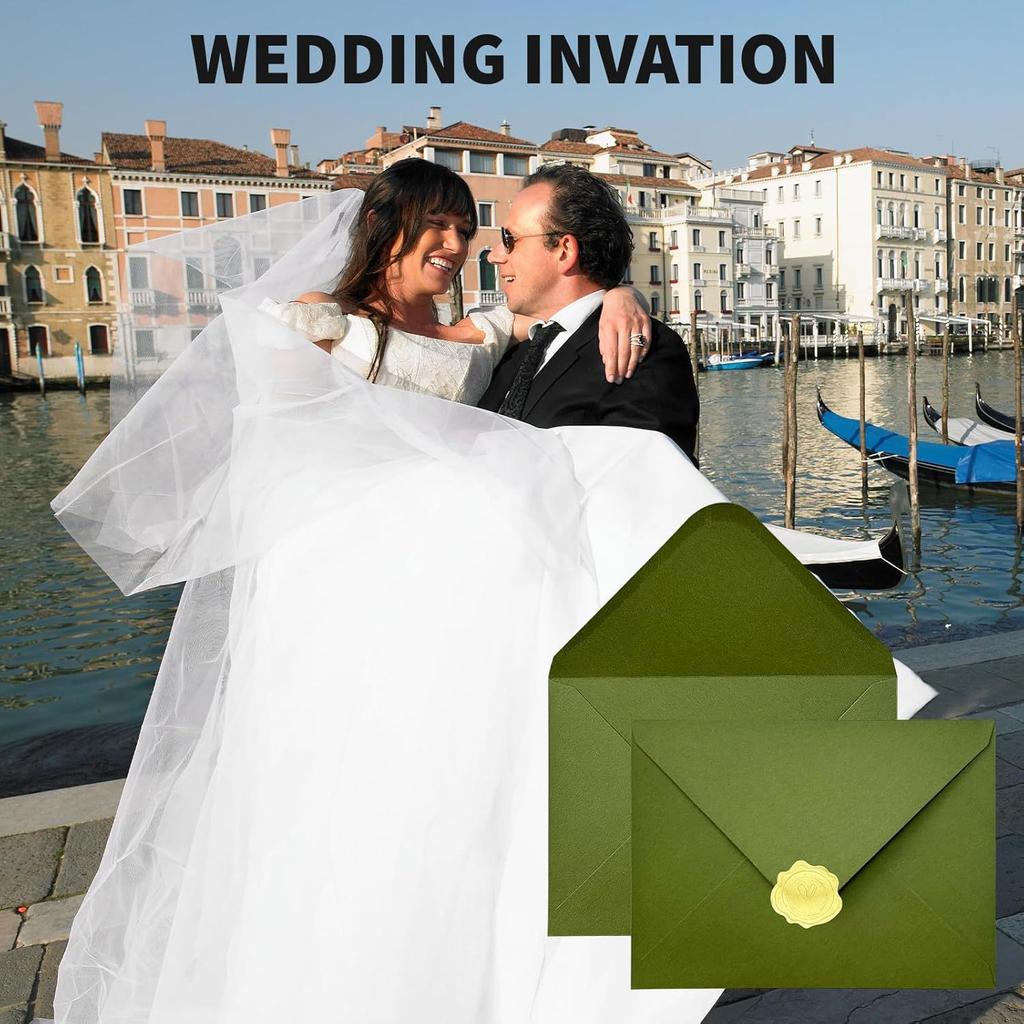 A7 Olive Green Envelopes 50 Pack with Stickers Vintage European Style Self-Adhesive Envelopes for Wedding Invitations Party Greeting Cards 18.42x13