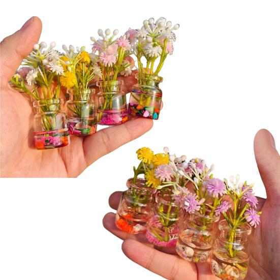 Набор из 4 мини-стеклянных ваз Искусственные цветы в стеклянных вазах Светятся в темноте Цветочные вазы для украшения рабочего стола, приборной панели автомобиля