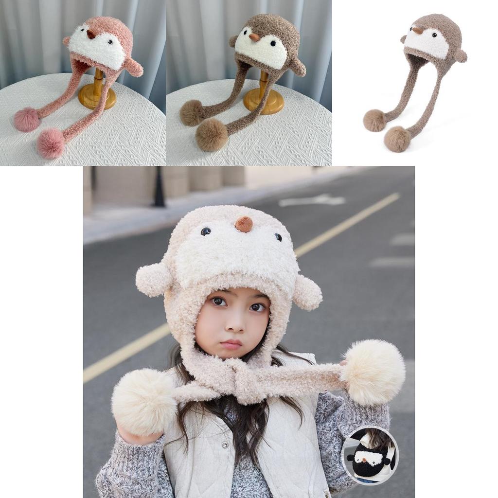 Детская милая вязаная шапка-бини с пингвином из пушистого полиэстера для холодной погоды и тепла для головы