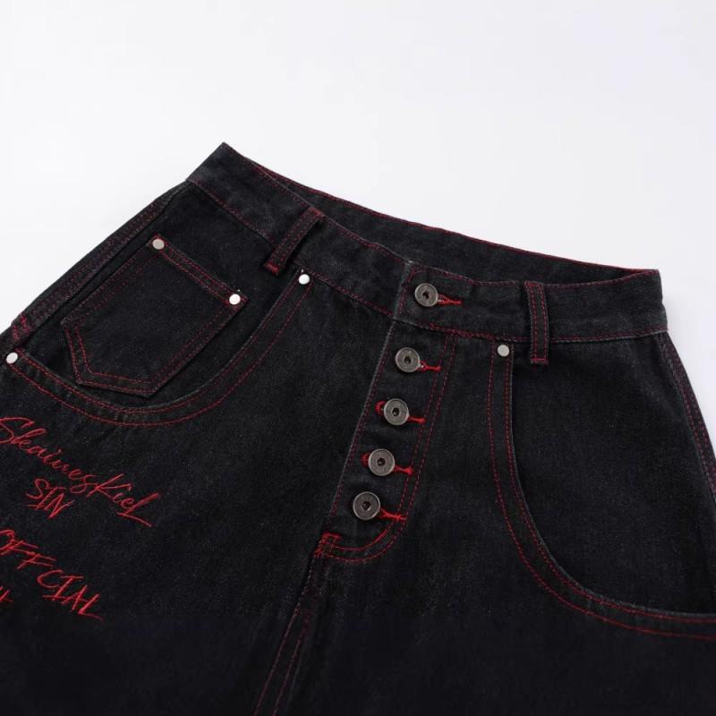 Fall Winter American Retro Street Embroidered Hip Hop Jeans Men Women Teens Straight Leg Skateboard Dance Trousers
