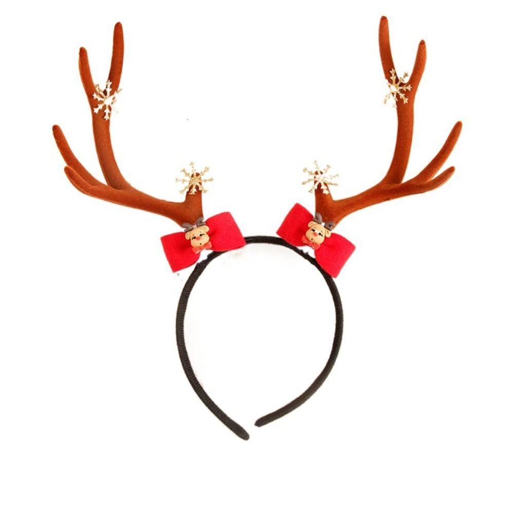 Bowknot Antlers Headband Plush Ball Elk Hair Hoop Deer Horn Hair Band Festival Decoration