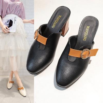 Весна 2024 года. Туфли-лодочки Baotou на толстом квадратном каблуке с пряжкой на ремне