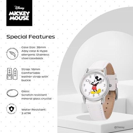 Disney Микки Маус Взрослые Классические Кардифф Сочлененная Рука Аналоговые Кварцевые Часы на Кожаном Ремешке Белый 2 - Серебристый Корпус/Белый