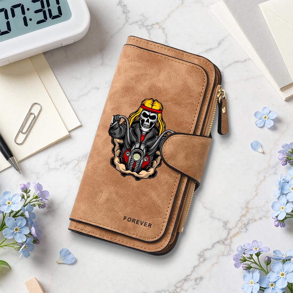 Cool Skull Biker Pattern Retro Long Wallet, Fashion Functional Card Holder Purse for Daily Use