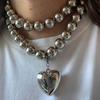 Statement Chunky Bead Necklace with Heart Pendant, Multi-Layered Round Ball Chain for Women