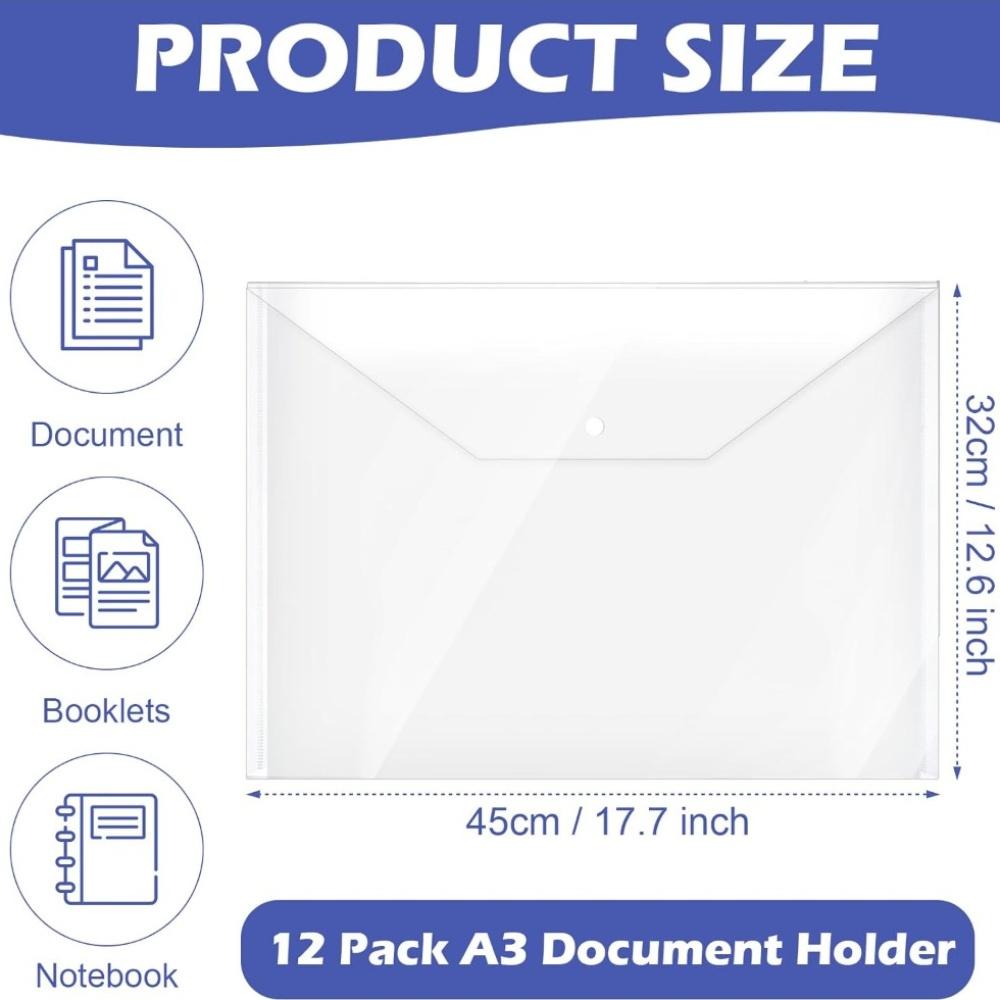 12 Pack A3 Clear Plastic Wallet A3 Snap Button Wallets Folder Plastic Wallets Folder File Organizer for Office, School, Home