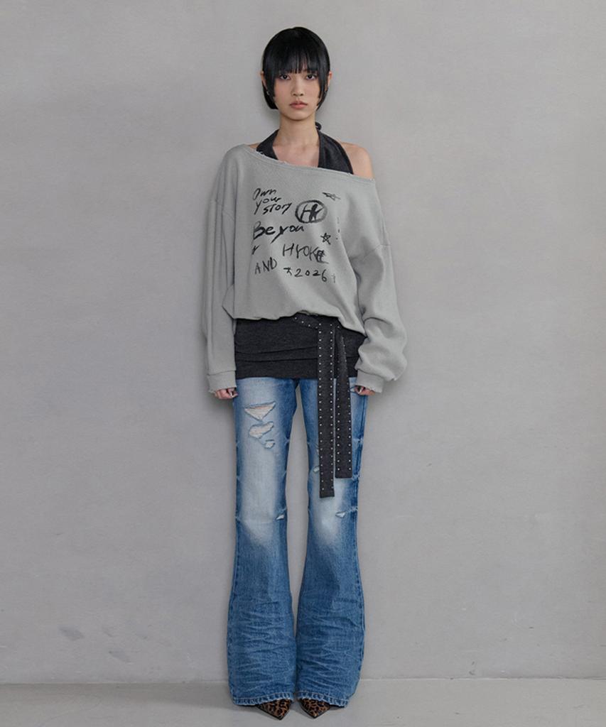 NO EXTRA TOUCH Dirty Embossed Distressed Bootcut Denim (Mid Blue)_26Sppt002Mb