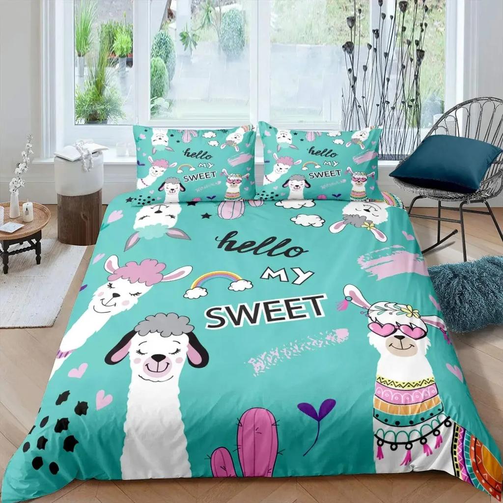 Cute Cartoon Alpaca Llama Cactus Print Duvet Cover Set Full Size, Alpaca Bedding Set Botanical Animal Comforter Cover,Multicolor